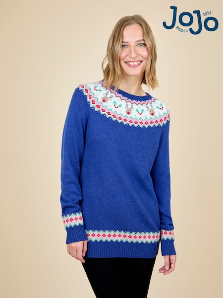 JoJo Maman Bébé Blue Women's Reindeer Fairisle Jumper (W26833) | AED262
