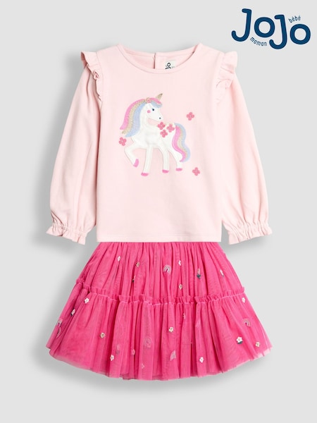 JoJo Maman Bébé Pink Fairy Frill Sleeve Top & Rainbow Tulle Skirt Set (W26835) | €54 - €64