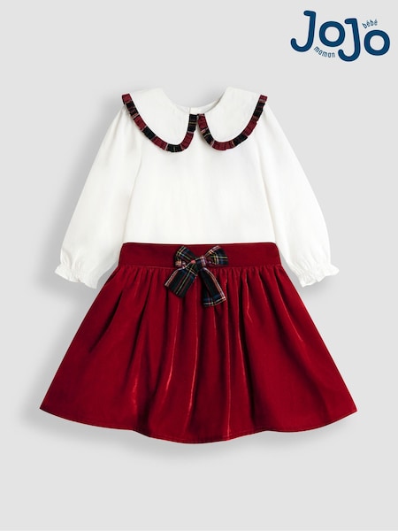 JoJo Maman Bébé Red Frill Collar Blouse & Velvet Skirt Set (W26840) | AED210 - AED233