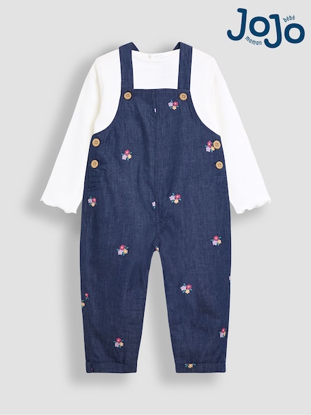 JoJo Maman Bébé Blue Chambray Embroidered Dungarees & Rib Top Set (W26844) | AED175 - AED210