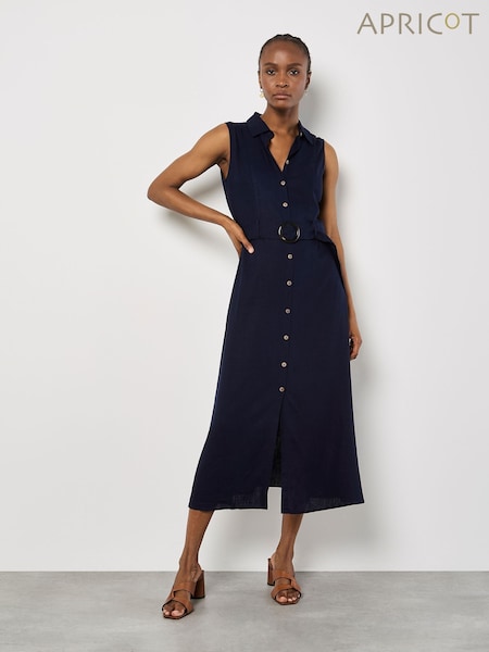 Apricot Blue Sleeveless Belted Shirt Midi Dress (W26967) | €59