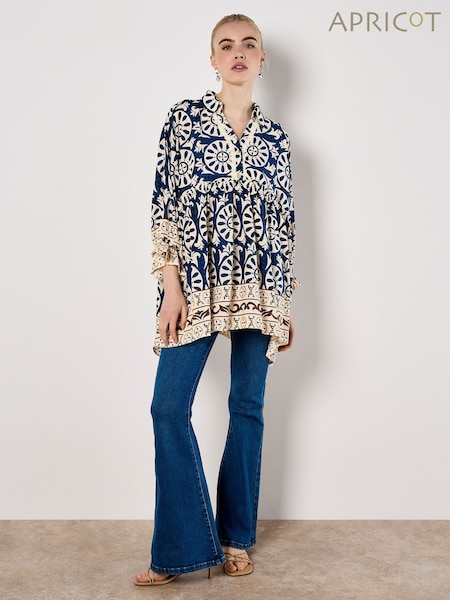 Apricot Blue Oversized Border Print Shirt (W26972) | €51