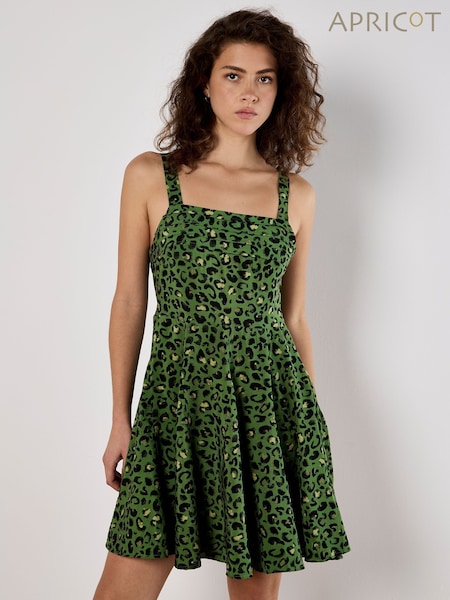 Apricot Green Animal Print Godet Skirt Dress (W26975) | €51