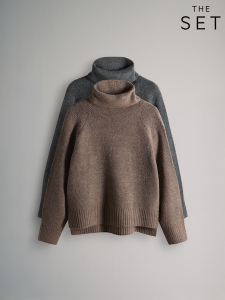 The Set Brown Marl/Charcoal Grey Marl 2 Pack Knitted Roll Neck Jumpers (W27057) | €40