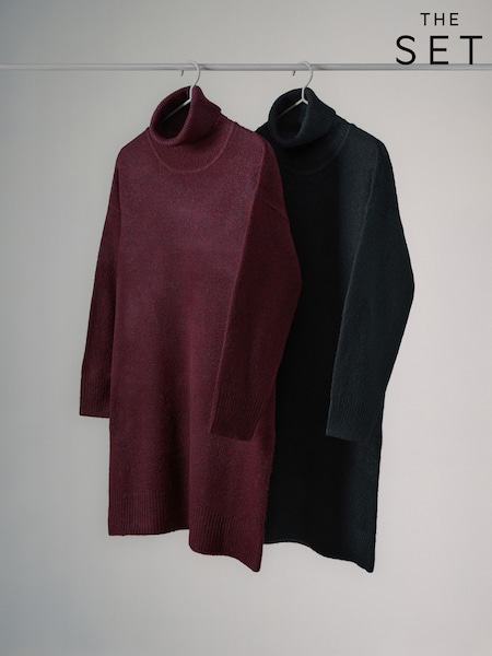 The Set Burgundy Red/Black 2 Pack Knitted Roll Neck Dresses (W27069) | 208 QAR