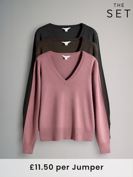 The Set Black/Chocolate Brown/Pink 3 Pack V-Neck Fine Knit Jumpers (W27078) | €44