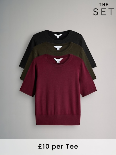 Black/Red/Khaki Green - The Set 4 Pack Fine Knit T-Shirts (W27082) | R$ 295