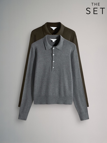 The Set Chocolate Brown/Grey Marl Fine Knit Collared Polo Jumpers 2 Pack (W27083) | €50