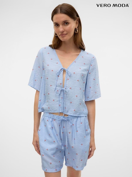 VERO MODA Blue Cherry Print Tie Front Blue Blouse (W27113) | 1,802 UAH