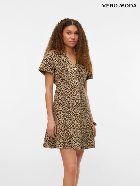 VERO MODA Brown Leopard Print Denim 100% Cotton Button-Up Mini Dress (W27126) | ₪262