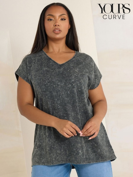 Yours Curve Grey Acid Wash Heavy Weight 100% Cotton Top (W27146) | €28