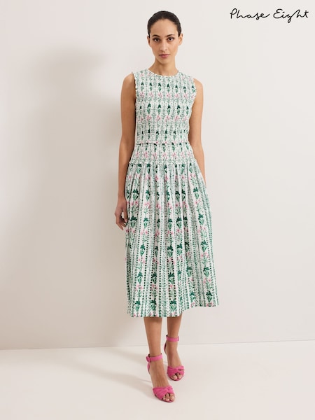 Phase Eight White/Green 100% Cotton Chiara Floral Dress (W27212) | ₪699