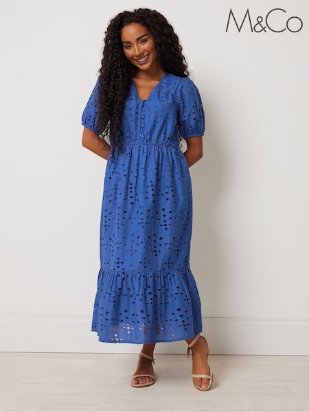 M&Co Blue Petite Embroidery Button 100% Cotton Dress (W27217) | €83