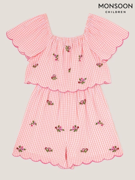 Monsoon Pink Floral Print Embroidered Gingham 100% Cotton Playsuit (W27280) | kr514 - kr585