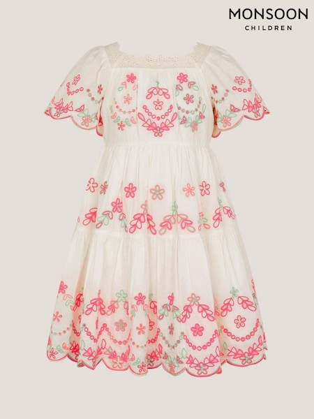 Monsoon White Floral Print Broderie 100% Cotton Short Sleeve Dress (W27282) | ₪241 - ₪267