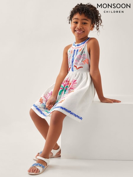 Monsoon White Palm Tree Embroidered Sleeveless 100% Cotton Dress (W27289) | ₪181 - ₪201