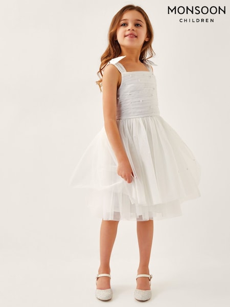 Monsoon White Olivia Pearl Ruched Tulle Dress (W27290) | €59 - €65