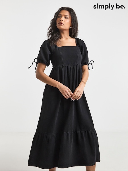 Simply Be Black Midi Shirred Denim Smock Dress (W27427) | €71