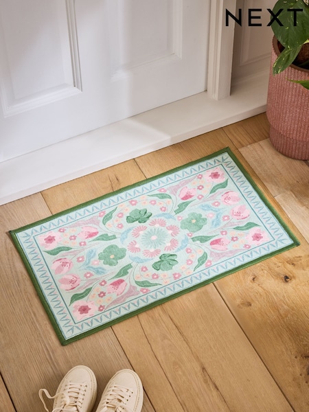 Sage Green Washable Bettie Floral Print Doormat (W27457) | €18 - €30