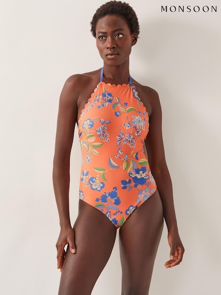 Monsoon Orange Kaia Floral Print Halter Swimsuit (W27482) | ₪327