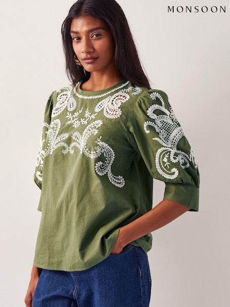 Monsoon Green Noemi Embroidered 100% Cotton Top (W27491) | ₪347