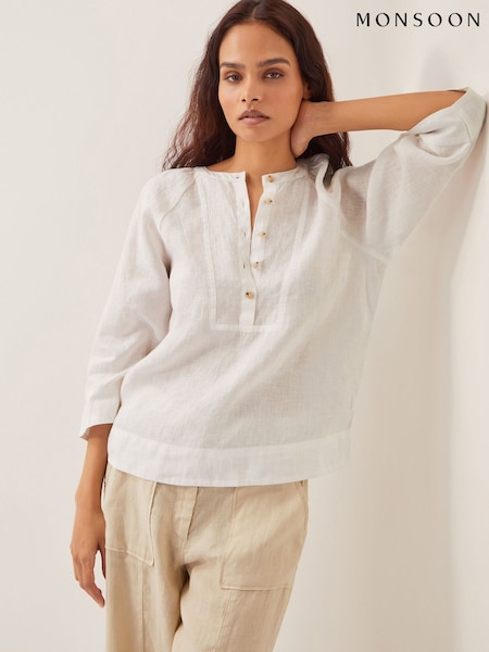 Valkoinen - Monsoon Rosa Bib 100% Linen Blouse (W27507) | €93