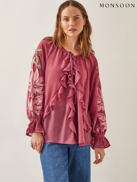 Monsoon Pink Natalia Embroidered Ruffle Blouse (W27519) | €91