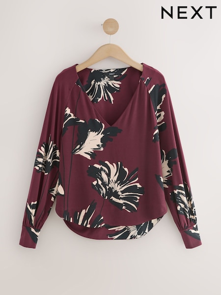 Berry Red Floral Print Long Sleeve V-Neck Jersery Blouse (W27543) | €34