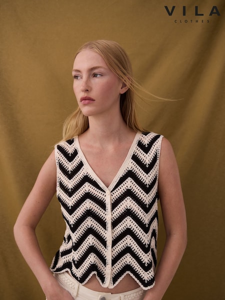 VILA Cream Crochet Striped Knitted Waistcoat (W27747) | AZN 100