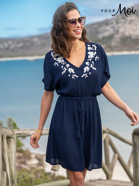 Pour Moi Blue Embroidered Crinkle Woven Beach Kaftan (W27756) | €58