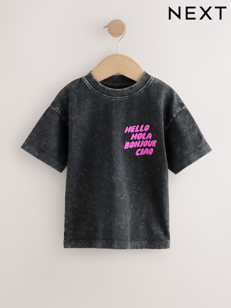 Black Acid Wash 100% Cotton Short Sleeve Graphic Print T-Shirt (3mths-8yrs) (W27778) | 25 QAR - 35 QAR