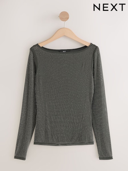 Khaki Green Long Sleeve Slash Neck Heatseal Sparkle Mesh Top (W27819) | €64