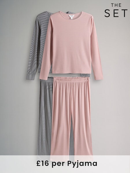 The Set Baby Pink/Stripe 2 Pack Soft Touch Ribbed Long Sleeve Long Leg Pyjamas (W27864) | R$ 315
