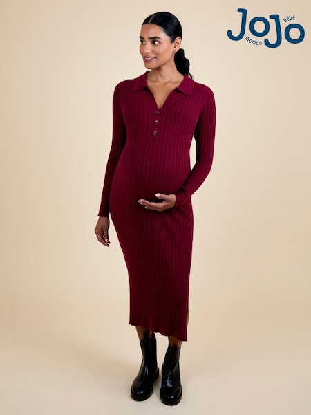 JoJo Maman Bébé Wine Knitted Rib Collared Maternity Midi Dress (W28131) | 245 QAR