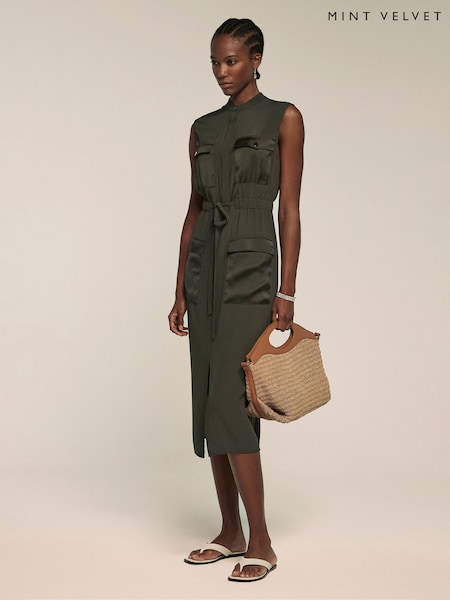 Mint Velvet Khaki Satin Mix Utility Shirt Dress (W28188) | €205