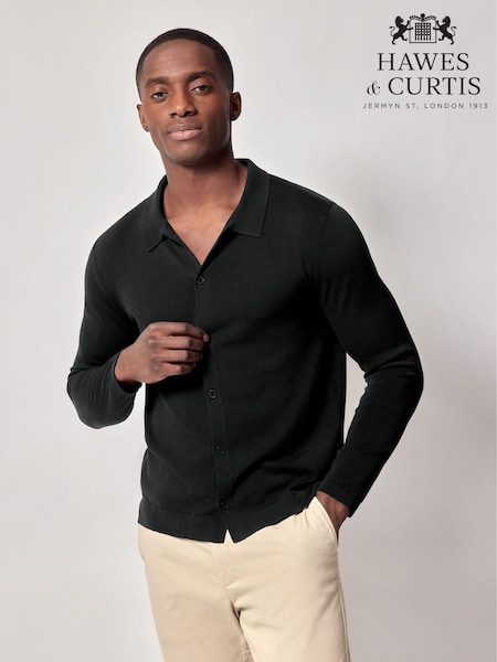 Hawes & Curtis Long Sleeve Button Down 100% Cotton Black Polo Shirt (W28213) | 663 LEI