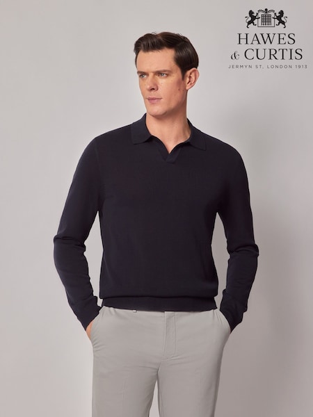 Hawes & Curtis Blue Long Sleeve Open Neck Knitted 100% Cotton Polo Shirt (W28216) | 123 €