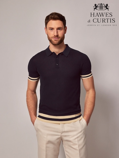 Hawes & Curtis Blue Textured Rib Knitted 100% Cotton Polo Shirt (W28223) | 112 €