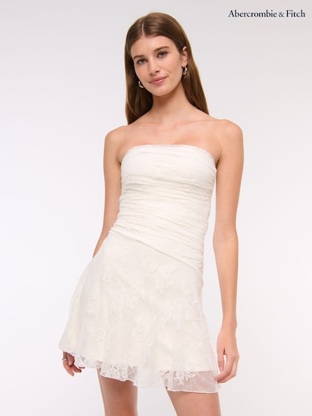 Abercrombie & Fitch Strapless Drop Waist Lace Mini White Dress (W28247) | ‏338 د.إ.‏