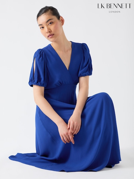 LK Bennett Hermia Mazarine Viscose Petal Sleeve V-Neck Flared Dress (W28287) | €396
