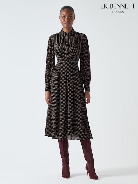 LK Bennett Brown Cody Polka Dot Print Pocket Shirt Dress (W28288) | 17,964 UAH