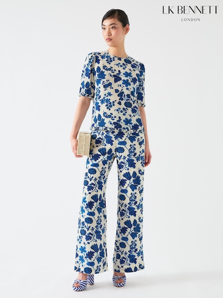 LK Bennett Cream Brielle Birch and Blue Silk China Silk Floral Print Frill Top (W28289) | €264