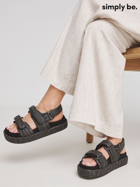 Simply Be Black Extra Wide Fit Raffia Chunky Footbed Sandals In Wide Fit (W28312) | €58