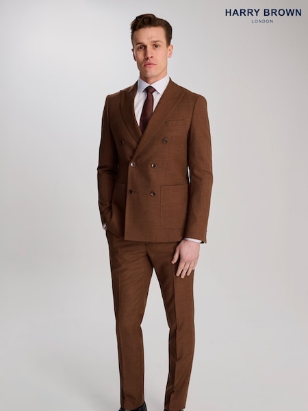 Harry Brown Brown Sandro Linen Look Double Breasted Suit Jacket (W28343) | ₪649
