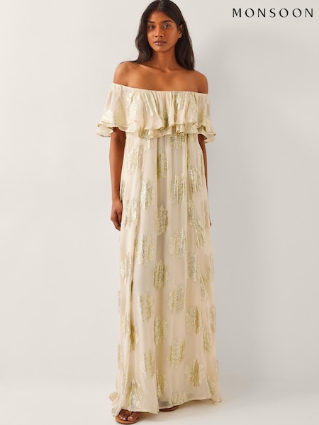 Monsoon Natural Lyra Metallic Ruffle Maxi Dress (W28413) | 792 QAR