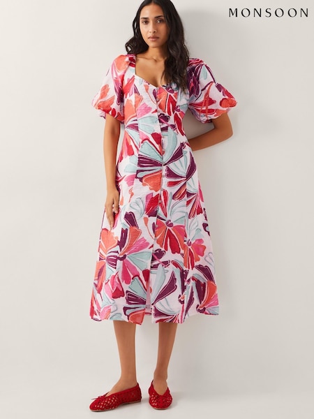 Monsoon Pink Elana Floral Puff-Sleeve Midi Dress (W28424) | OMR46