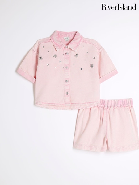River Island Pink Girls Cropped 100% Cotton Shirt and Shorts Set (W28434) | €43