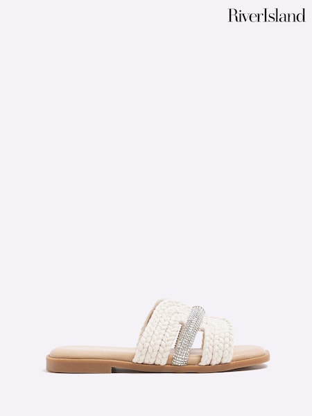 River Island Cream Girls Raffia Diamante Sandals (W28458) | $29