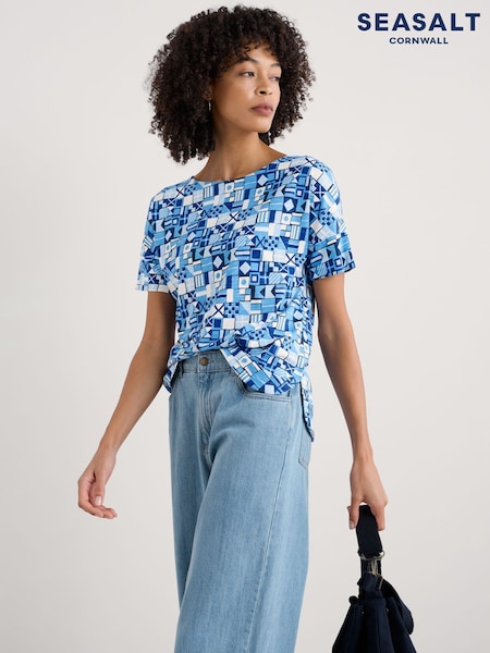 Seasalt Cornwall Blue Chrome Bryher View 100% Cotton Boat Neck T-Shirt (W28509) | €31