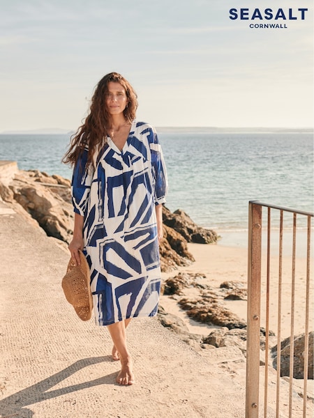 Albastru - Seasalt Cornwall Earth Colours Kaftan 100% Cotton Dress (W28523) | 566 LEI